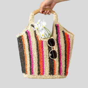 Women’s Casual Colorful Striped Straw Woven Tote Bag Large Capacity Summer Beach Handbag New Style