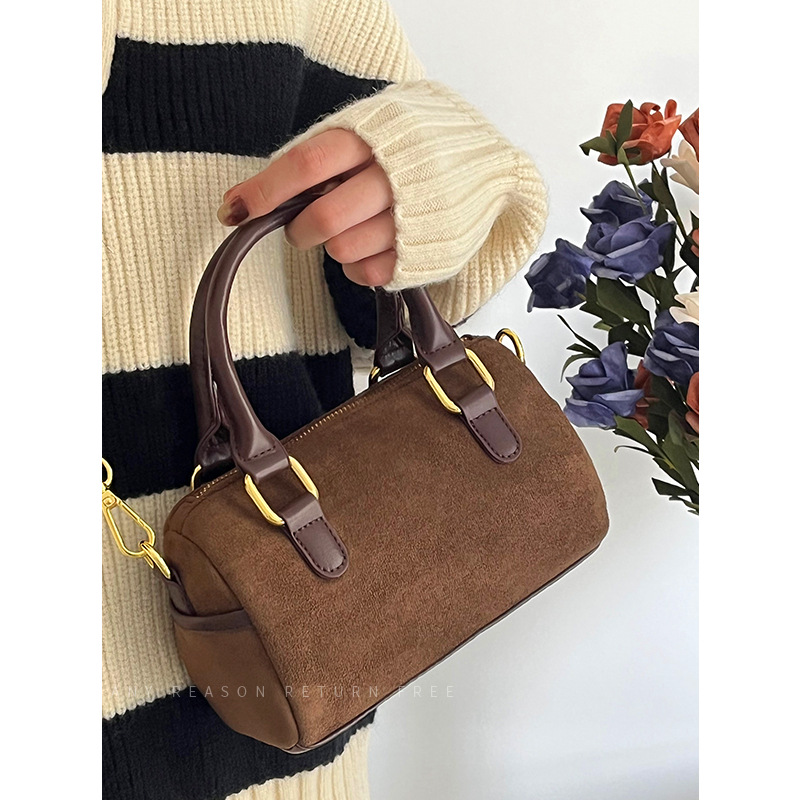 2026 New Vintage Suede Women's Single Shoulder Crossbody Cylinder Pillow Bag Boston Handbag - Image 2