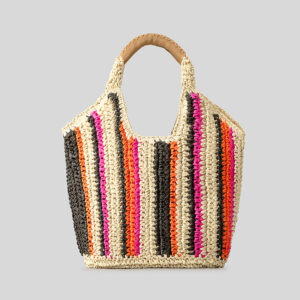 Women’s Casual Colorful Striped Straw Woven Tote Bag Large Capacity Summer Beach Handbag New Style