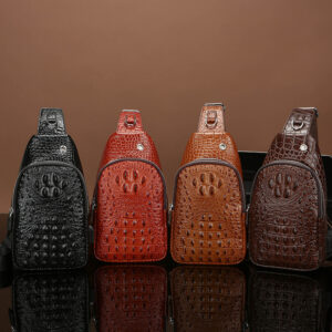 Men’s High-End Crocodile Patterned Chest Shoulder Crossbody Casual Outdoor Large Capacity Leather Bag