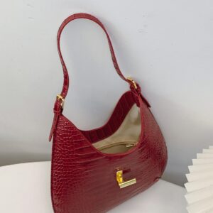 Saddle Alligator Embossed Texture – Unisex Shoulder Bag With Buckle Strap In Deep Red/Black/White (Structured PU,