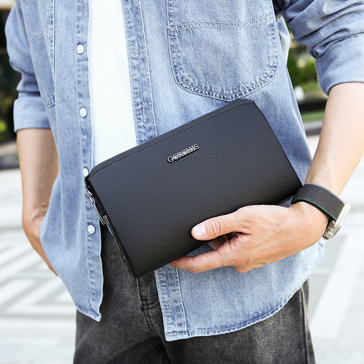 Men's Large Capacity Casual Soft Top Grain Cowhide Leather Handbag Envelope Clutch Bag