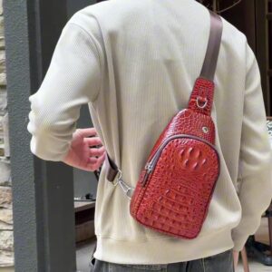 Men’s High-End Crocodile Patterned Chest Shoulder Crossbody Casual Outdoor Large Capacity Leather Bag