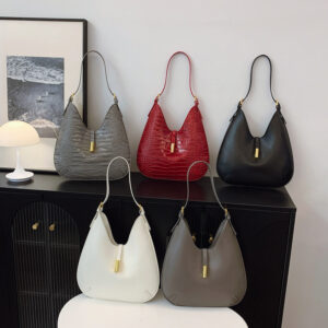 Saddle Alligator Embossed Texture – Unisex Shoulder Bag With Buckle Strap In Deep Red/Black/White (Structured PU,