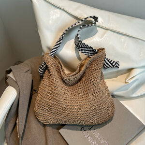 Navy Style Large-capacity Straw Women’s Summer Seaside Vacation Woven Lazy Wind Wide Shoulder Strap Commuter Tote Bag