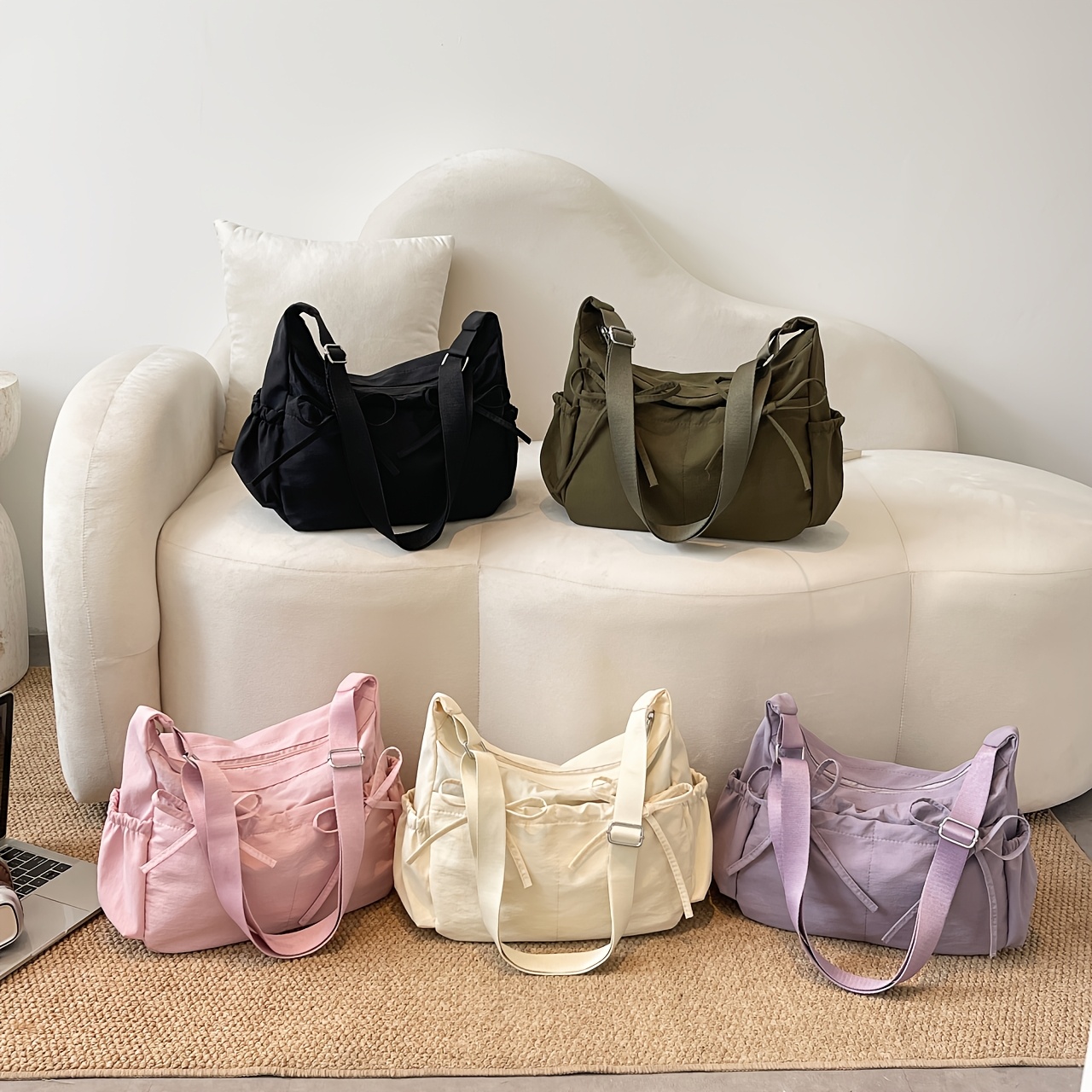 Women Solid Black Bow Detail Crossbody Lightweight Nylon Casual Adjustable Strap Shoulder Bag - Image 5