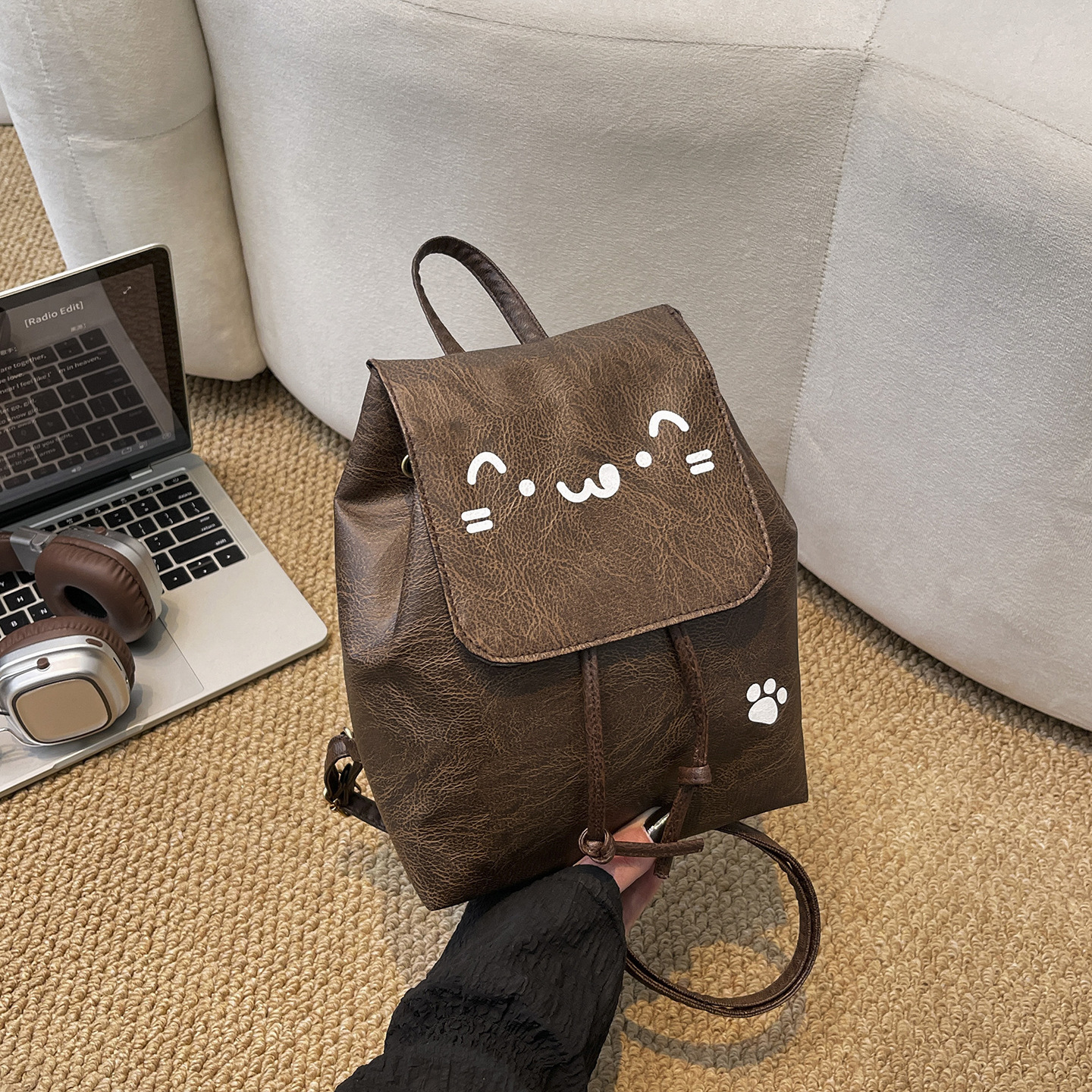 Cartoon Face Drawstring Backpack Women Soft‑Leather Multi‑Purpose Crossbody Shoulder Purse - Image 8