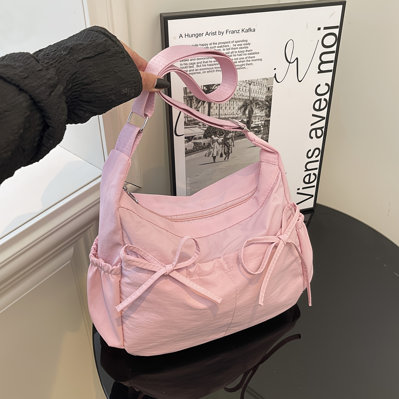 Women Solid Black Bow Detail Crossbody Lightweight Nylon Casual Adjustable Strap Shoulder Bag - Image 13