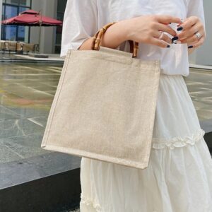 Portable Burlap Jute Fruit Vegetable Shopping Bag Handbag Bamboo Loop Handles Reusable Tote Grocery Bags for Women Girls