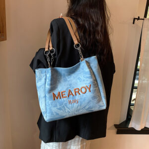 Design Denim Large Capacity Women’s Tote Bag Classy Commute Shoulder Multi-Compartment Polyester PU Leather Trendy