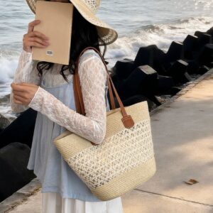 Cross-border Hat And Straw Two-piece Set, Woven Seaside Vacation, Large-capacity Beach Shoulder Bag, Tote Bag For Women