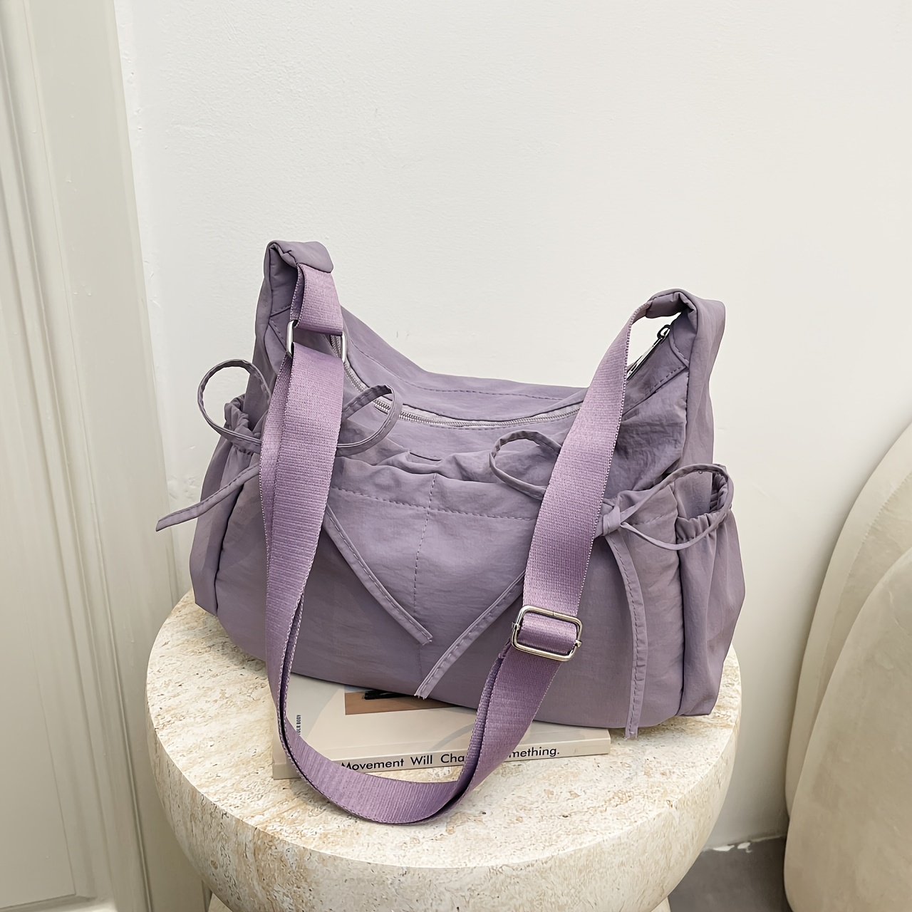 Women Solid Black Bow Detail Crossbody Lightweight Nylon Casual Adjustable Strap Shoulder Bag - Image 9