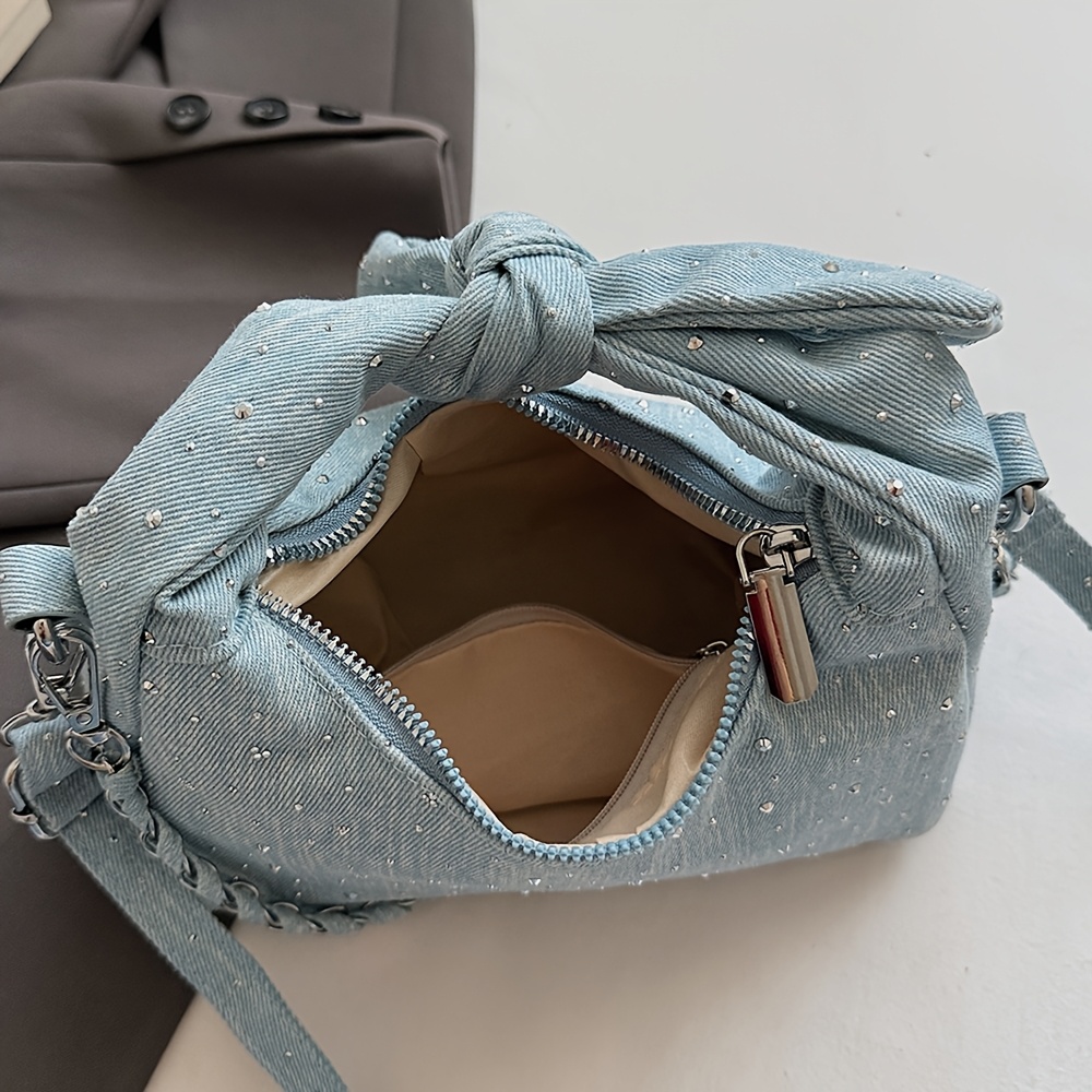 Knotted Denim Hobo Bag Women Braided Chain Crossbody Shoulder Handbag - Image 3