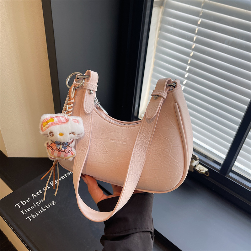Nylon Letter Hobo Women Mini Crossbody Shoulder Bag With Cat Keychain - Image 11