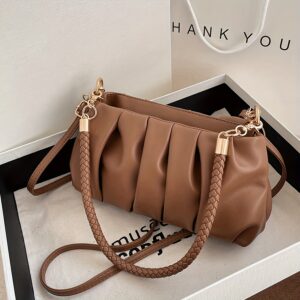 Vintage Ruched Armpit Bag Women Woven Strap Soft PU Leather Shoulder Crossbody Handbag