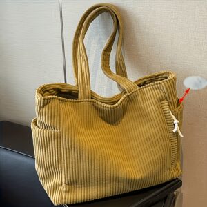 Vintage Striped Corduroy Shoulder Tote Bag Large Capacity Side Zipper Pocket Design Ladies Handbag For Work Travel