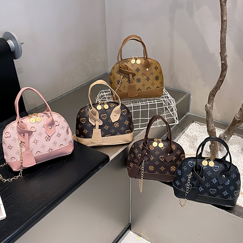 Printed Dome Women Crossbody Bag Contrast PU Trim Top Handle Chain Shoulder Handbag - Image 5