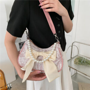 Summer Small For Women 2026 New Trendy Fashion Crossbody Single Shoulder Pleated Bag Bowknot Pearl Handbag