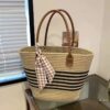 Khaki striped woven tote bag