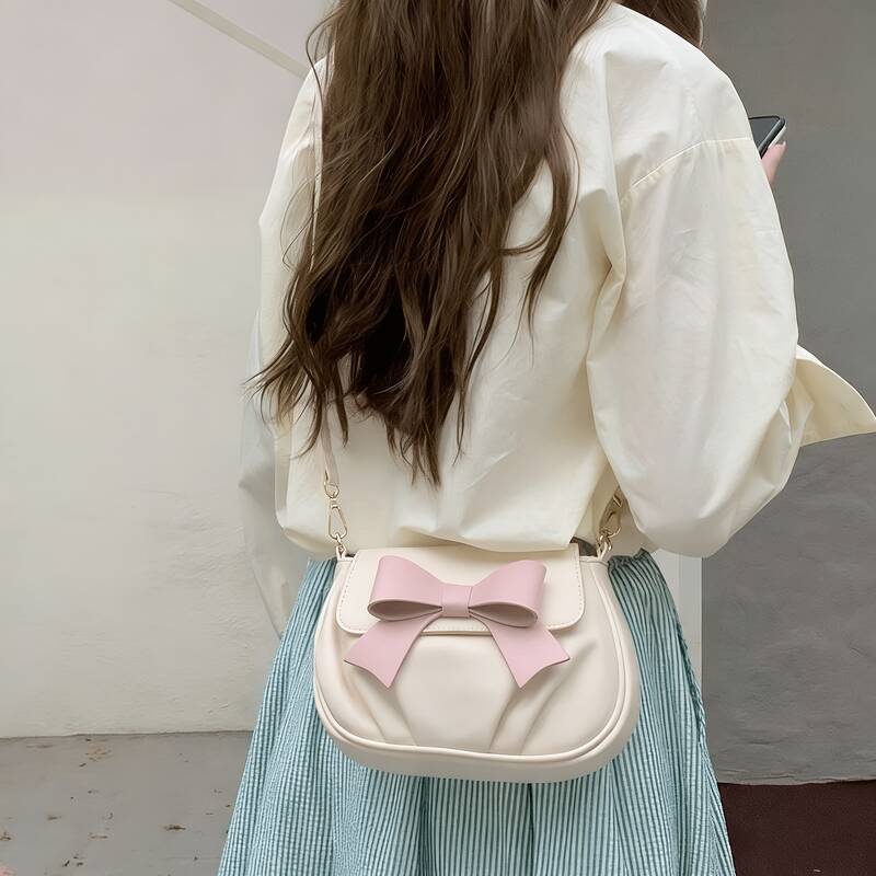 Pink Bow Flap Crossbody Bag Women Soft Leather Mini Saddle Handbag - Image 3