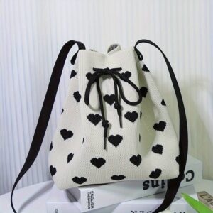Vintage SweetLove Heart Knitted DrawstringBucketBagConvertible Mini BackpackLadiesCasualTravel Crossbody Shoulder Bag