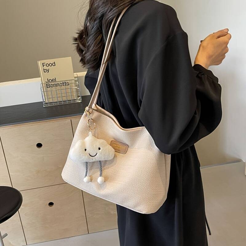 Linen Fabric Hobo Tote Bag Letter Label Thin Strap Women Daily Shoulder Purse - Image 3