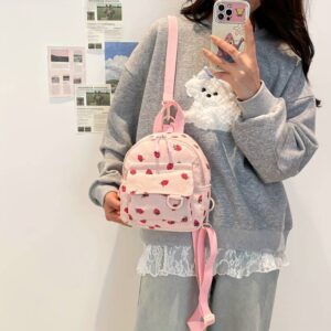 Kawaii White Vertical Corduroy Small Red Strawberry Pattern Multi Compartment Adjustable Straps Ladies Campus Daily Mini