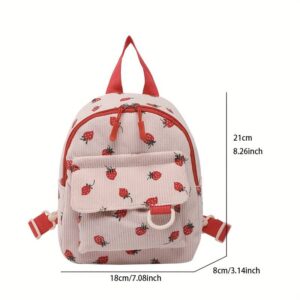Kawaii White Vertical Corduroy Small Red Strawberry Pattern Multi Compartment Adjustable Straps Ladies Campus Daily Mini