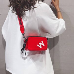 Letter Print Mini Camera Women Adjustable Wide Printed Strap Crossbody Shoulder Purse Casual Small Sling Bag