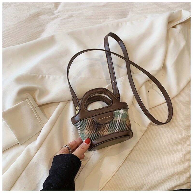 Retro Rhombus Plaid Spliced Leather Mini Handheld Bucket Bag Ladies Thin Strap Handbag - Image 10