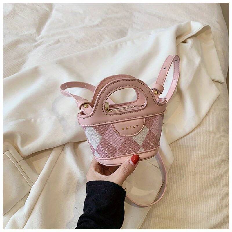 Retro Rhombus Plaid Spliced Leather Mini Handheld Bucket Bag Ladies Thin Strap Handbag - Image 8