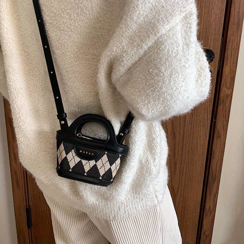 Retro Rhombus Plaid Spliced Leather Mini Handheld Bucket Bag Ladies Thin Strap Handbag - Image 6