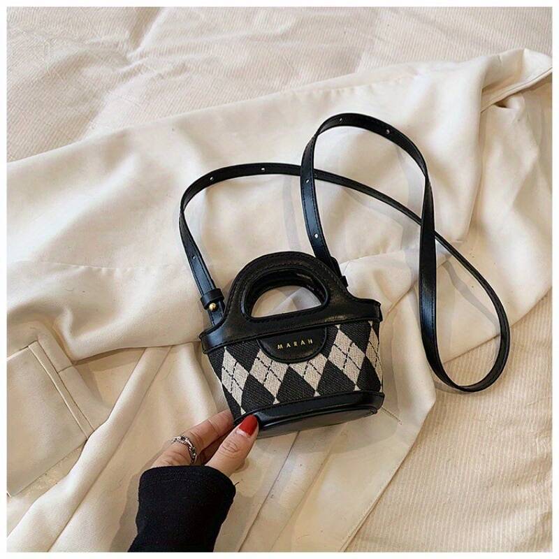 Retro Rhombus Plaid Spliced Leather Mini Handheld Bucket Bag Ladies Thin Strap Handbag - Image 5