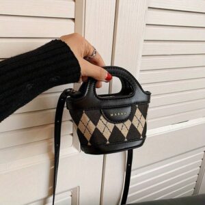Retro Rhombus Plaid Spliced Leather Mini Handheld Bucket Bag Ladies Thin Strap Handbag