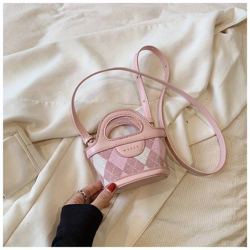 Retro Rhombus Plaid Spliced Leather Mini Handheld Bucket Bag Ladies Thin Strap Handbag - Image 9