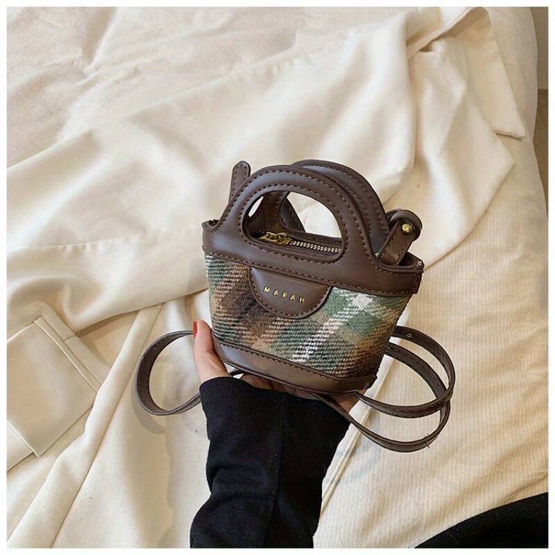 Retro Rhombus Plaid Spliced Leather Mini Handheld Bucket Bag Ladies Thin Strap Handbag - Image 11