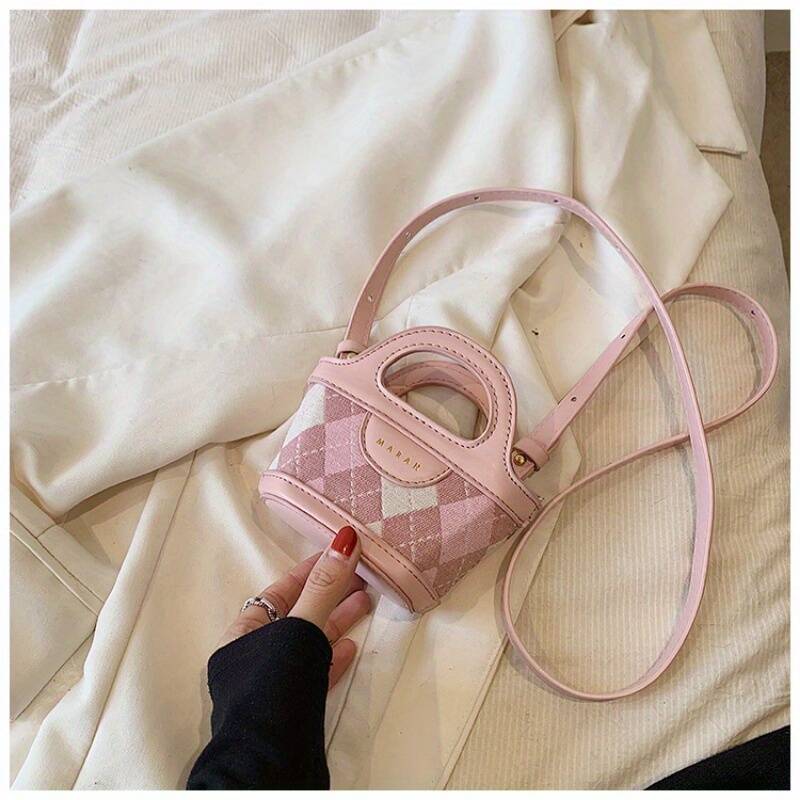 Retro Rhombus Plaid Spliced Leather Mini Handheld Bucket Bag Ladies Thin Strap Handbag - Image 3