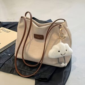 Linen Fabric Hobo Tote Bag Letter Label Thin Strap Women Daily Shoulder Purse