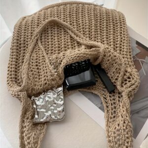 Fashion Women’s Hollow Grid Retro Simple Knitted Large-capacity Tote Literary Portable Shopping Bag