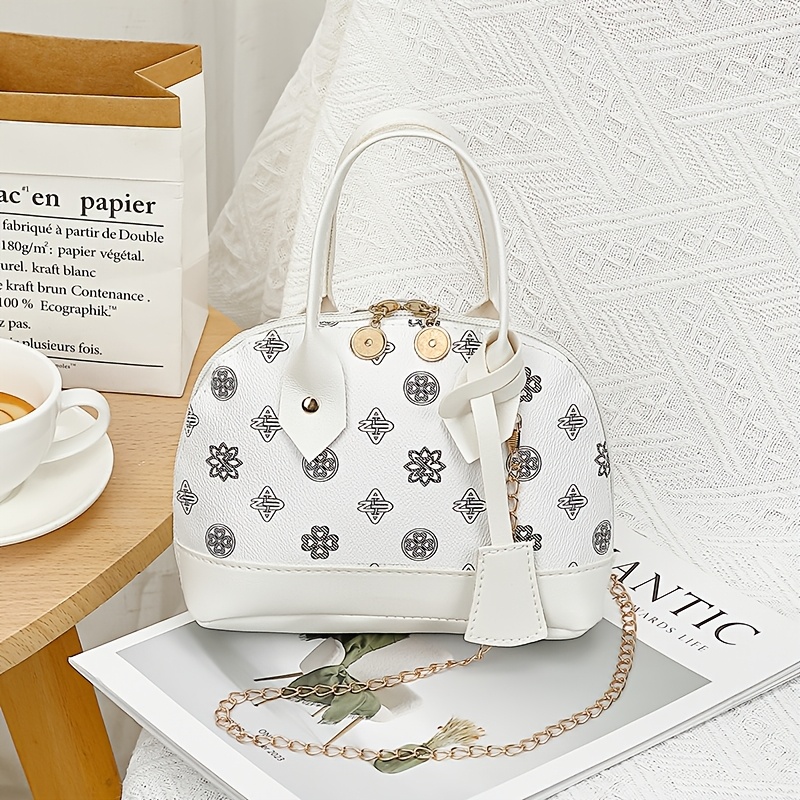Printed Dome Women Crossbody Bag Contrast PU Trim Top Handle Chain Shoulder Handbag - Image 12