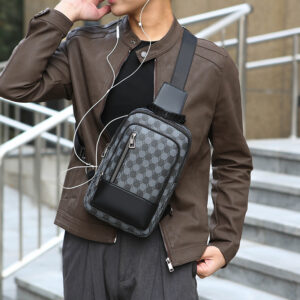 Men’s Crossbody – Waterproof PU Sling Bag With Checkerboard/Triangle/Hexagon Print For Travel & Daily Use
