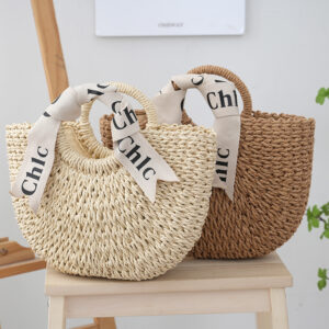 Handheld Paper Woven Women’s Straw Vacation Handbag Round Bucket Bag