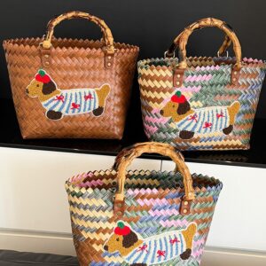 Woven Bag For Women, Beach Basket Bag, Striped Dachshund Dog, Multicolor Commuter Large Capacity Handbag