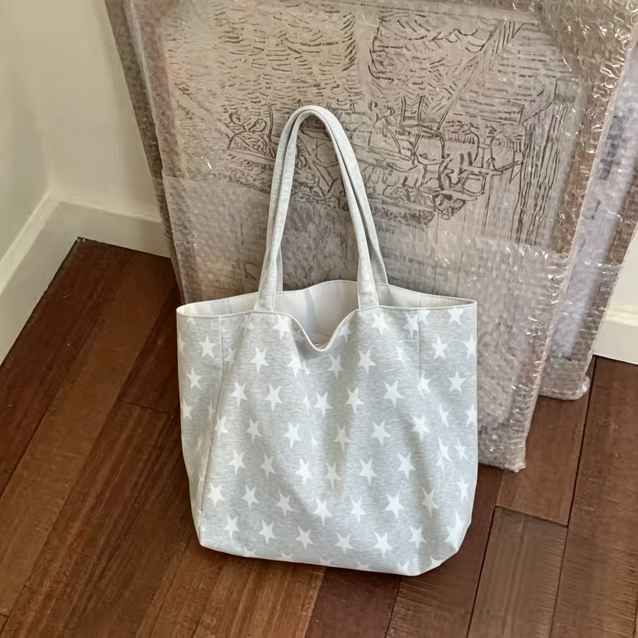 Korean Style Star Pattern Canvas Shoulder Tote Bag Ladies Casual Daily Commute Handbag - Image 8