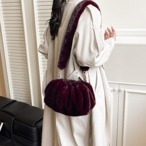 ​​Faux Fur Cloud Bucket For Women – Trendy & Soft Shoulder Crossbody Bag (White, Khaki, Burgundy, Brown)​