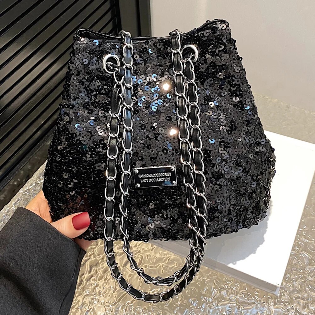 Lightweight Chain Decor Handbag Solid Fashion Bling Adjustable Shoulder Straps Bucket Cylinder Women Crossbody Bag - Image 4