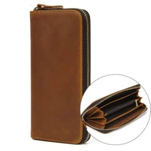 Men’s Zipper Genuine Crazy Horse Leather Multi-Card Slot Four Compartment Phone Bag Long Wallet