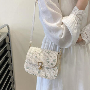 Fashion Flower Woven Saddle Bag Women Cute Straw Shoulder Trendy Casual Handbag Ladies Lace Embroidery Crossbody Bags