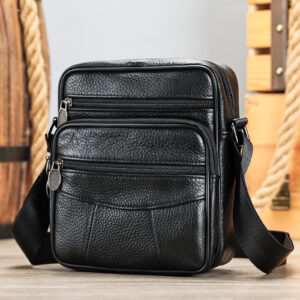 Men’s Top Grain Cowhide Crossbody Casual Simple Multi-Pocket Shoulder Bag