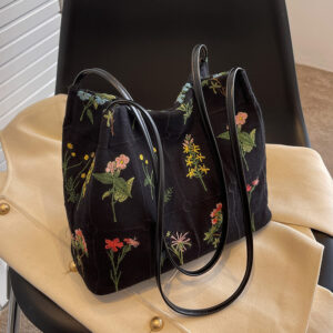 Large Capacity Tote Women’s 2026 Spring and Summer New Niche Canvas Embroidered Shoulder Commuter Bucket Bag